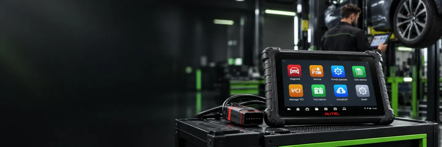 Acasa 1 Tester de diagnoza auto pe masa de lucru, intr-un service auto