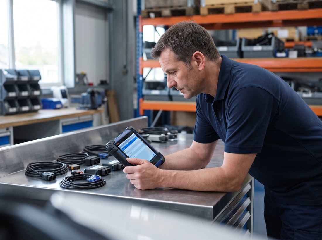 Tehnician CarMedic verificând un tester de diagnoză auto
