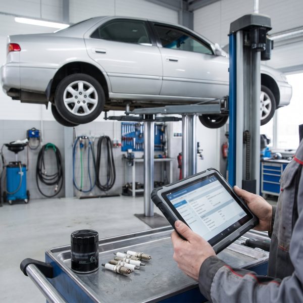 catalog-reparatii-revizie-service-7 Tehnician cu tableta care urmareste intervalele de revizie, masina pe elevator