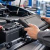 Tehnician cu tabletă de diagnoză lângă o baterie auto de 12V nouă, pentru înregistrarea bateriei