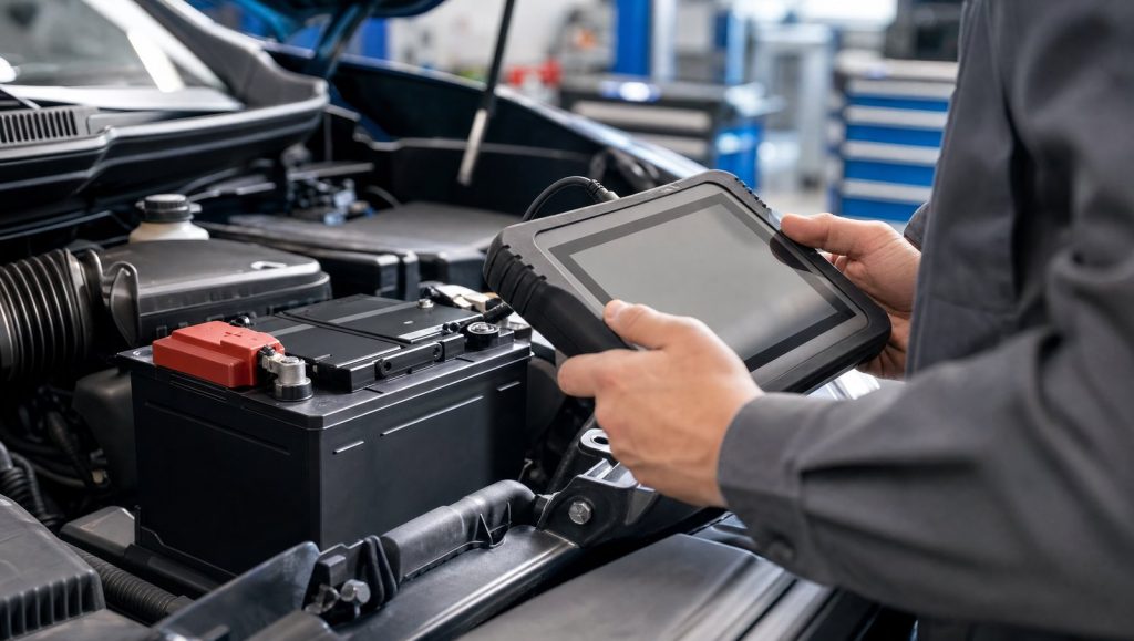 Tehnician cu tabletă de diagnoză lângă o baterie auto de 12V nouă, pentru înregistrarea bateriei