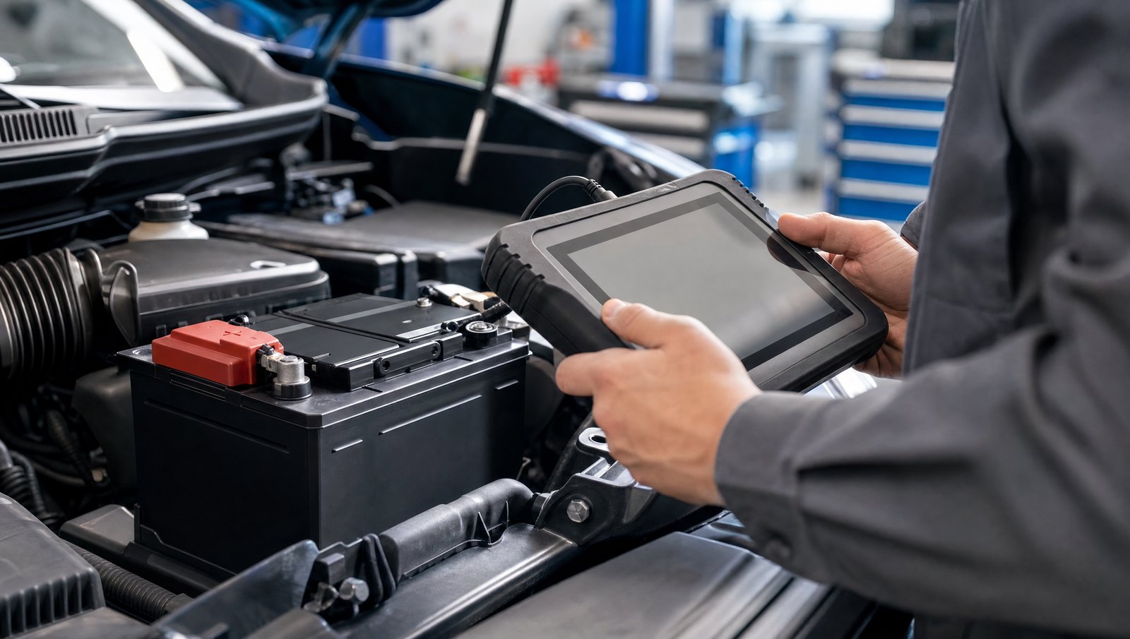 Tehnician cu tabletă de diagnoză lângă o baterie auto de 12V nouă, pentru înregistrarea bateriei