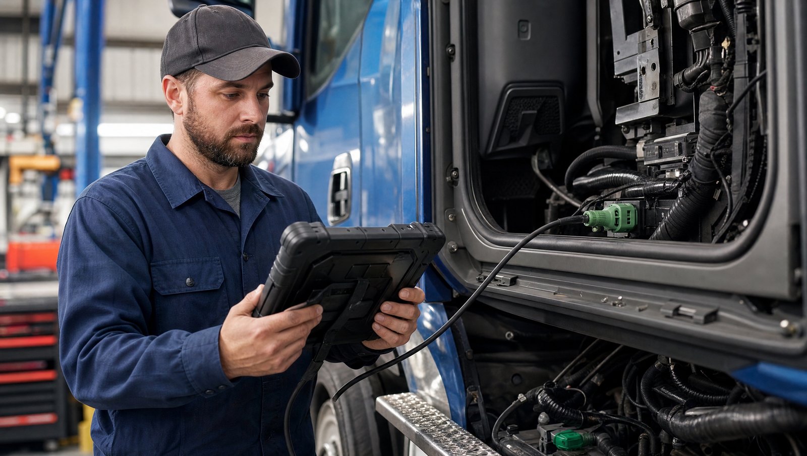 Tehnician cu tabletă de diagnoză conectată la conectorul Deutsch verde al unui camion în service