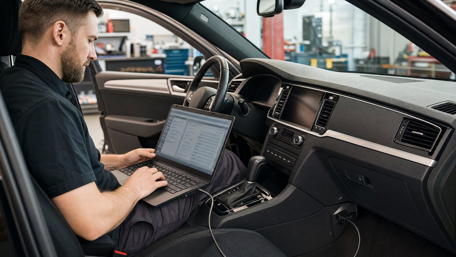 Tehnician cu laptop de configurare conectat la mufa OBD, în timpul codării modulelor unei mașini