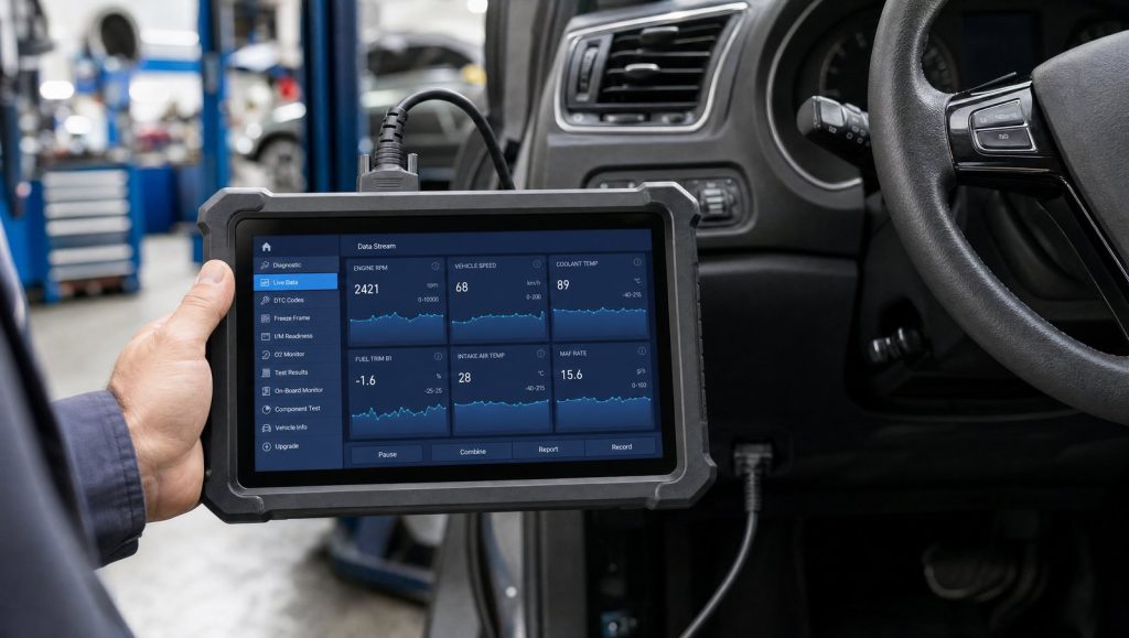 Tester diagnoză auto tabletă conectat OBD2 pe o mașină