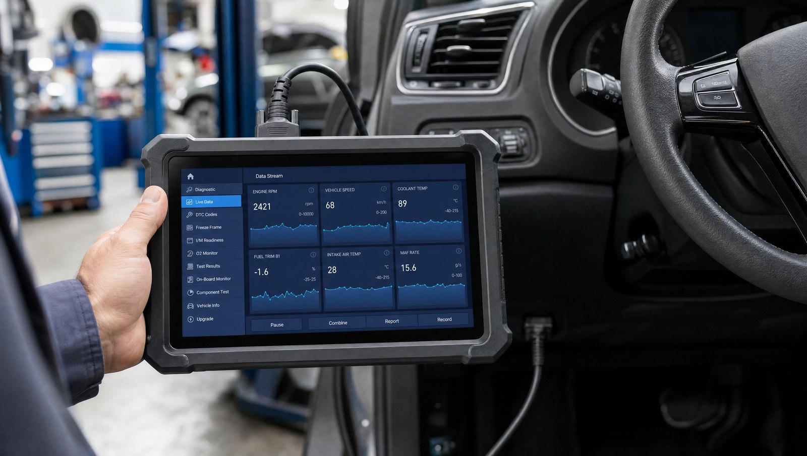 Tester diagnoză auto tabletă conectat OBD2 pe o mașină