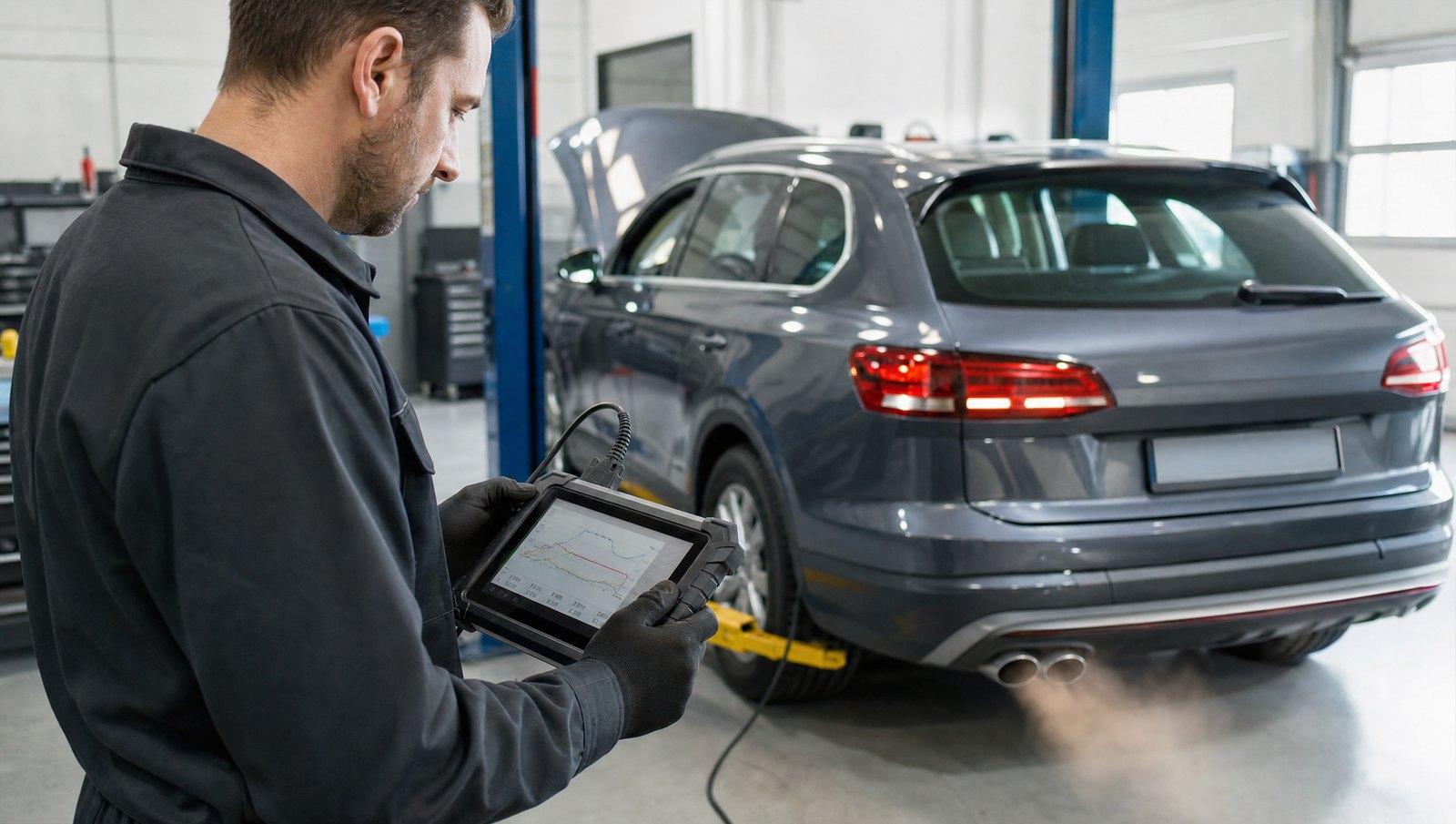 Tehnician cu tabletă de diagnoză lângă o mașină diesel în timpul regenerării filtrului de particule