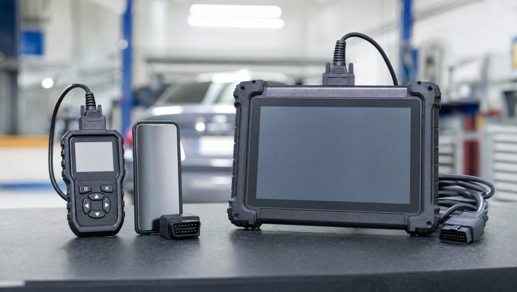 Comparație testere auto: cititor de coduri ieftin și telefon cu dongle lângă o tabletă de diagnoză profesională