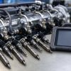 Injectoare diesel common-rail pe un banc de lucru lângă o tabletă de diagnoză pentru codare
