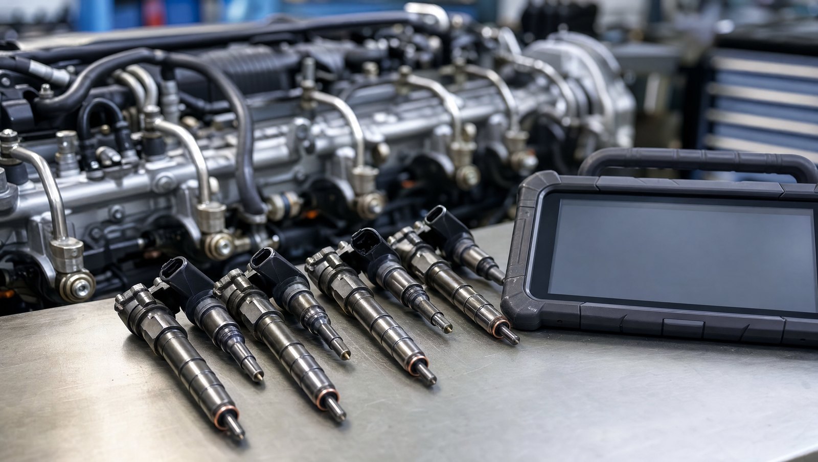 Injectoare diesel common-rail pe un banc de lucru lângă o tabletă de diagnoză pentru codare
