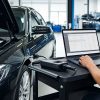 Tehnician cu laptop de diagnoză și interfață multiplexor conectată la un sedan premium în service