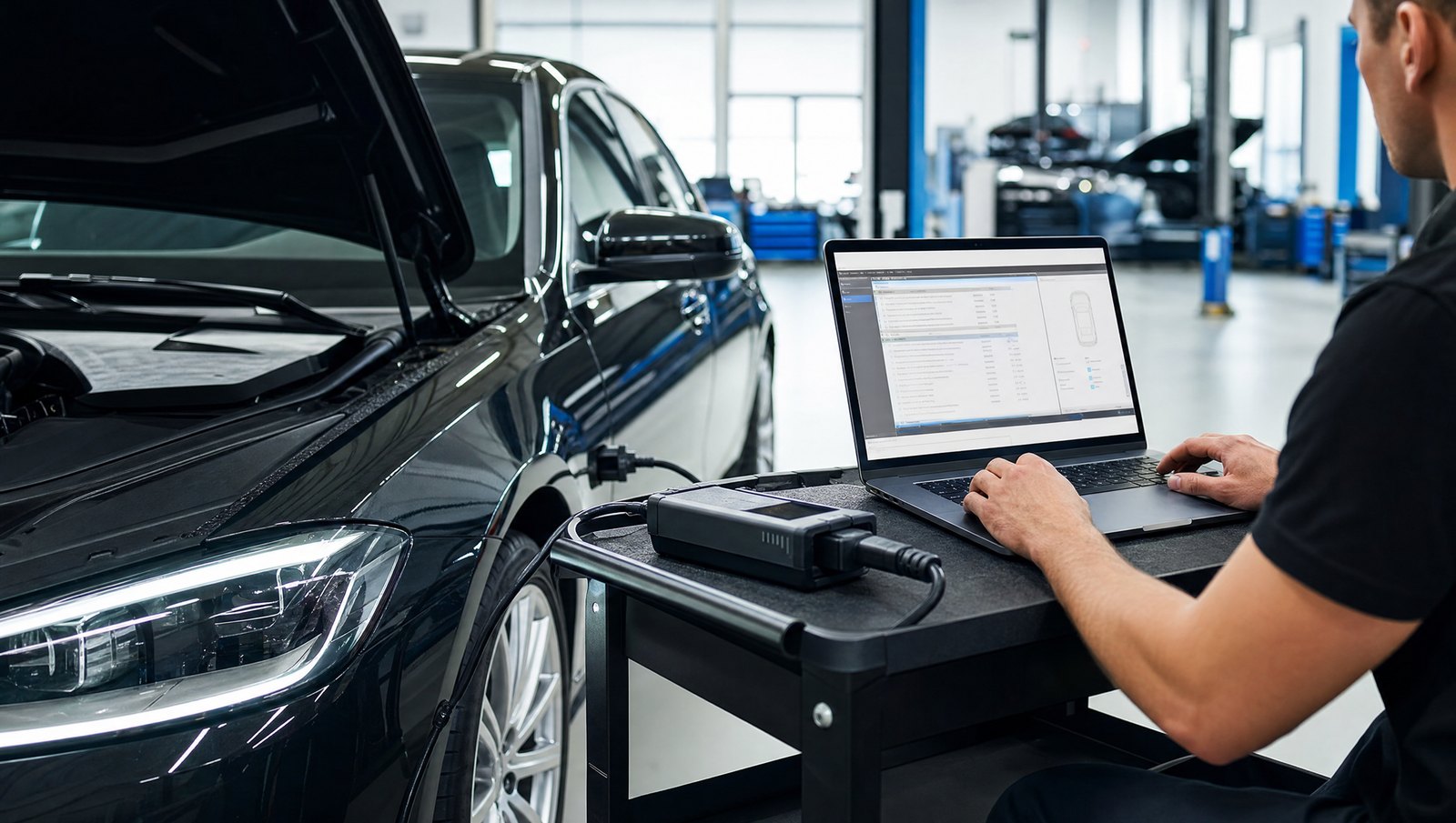 Tehnician cu laptop de diagnoză și interfață multiplexor conectată la un sedan premium în service