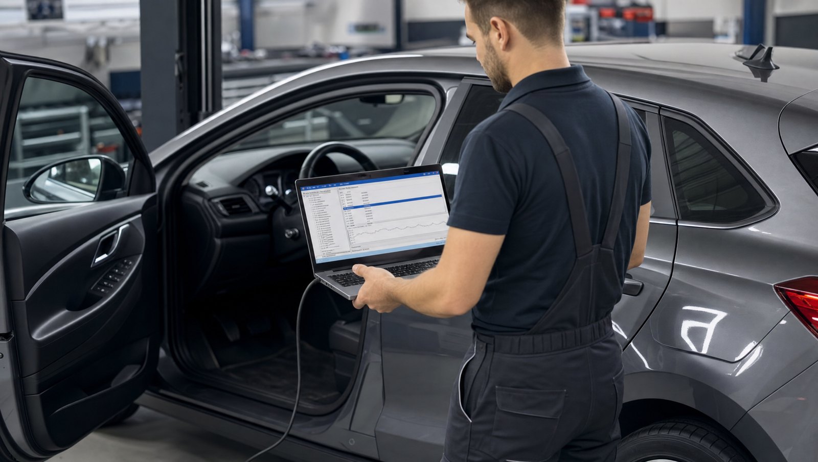 Tehnician cu laptop de diagnoză conectat la un Opel compact în service