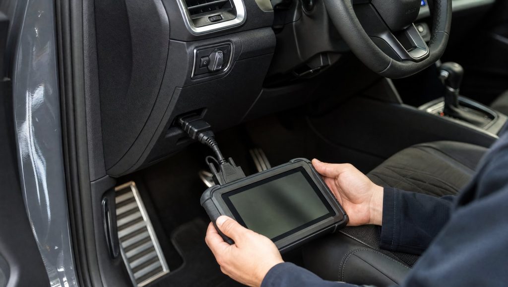 Tabletă de diagnoză conectată la mufa OBD sub bordul unei mașini pentru resetarea indicatorului de service