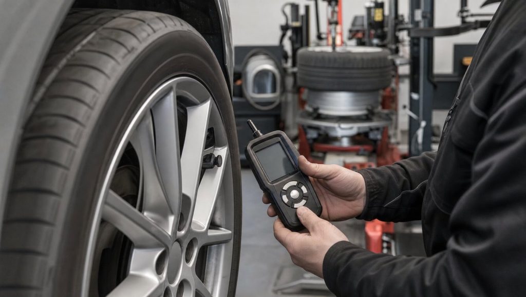 Tehnician cu o unealtă TPMS handheld lângă janta unei mașini, într-un service de anvelope